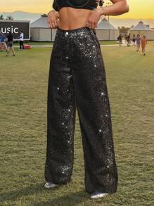 SHEIN EZwear 女士简约时尚牛仔裤，适合夏季女士夏季音乐会女士街头服饰 - 黑色 - 查看 4