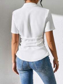 Gloray 女士纯色短袖单排扣休闲办公衬衫 - 白色 - 查看 2