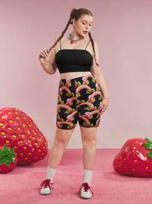 Strawberry Shortcake X SHEIN Plus Size Kawaii Rainbow & Strawberry Print Black Summer Biker Shorts