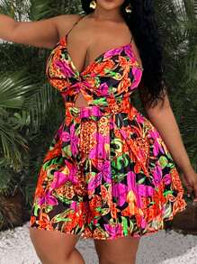 Slaydiva 2025新款情人节花卉印花雪纺扭纹吊带连体裤，优雅性感少女偶像，适合节日/新年/约会 - 玫紅色 - 查看 1