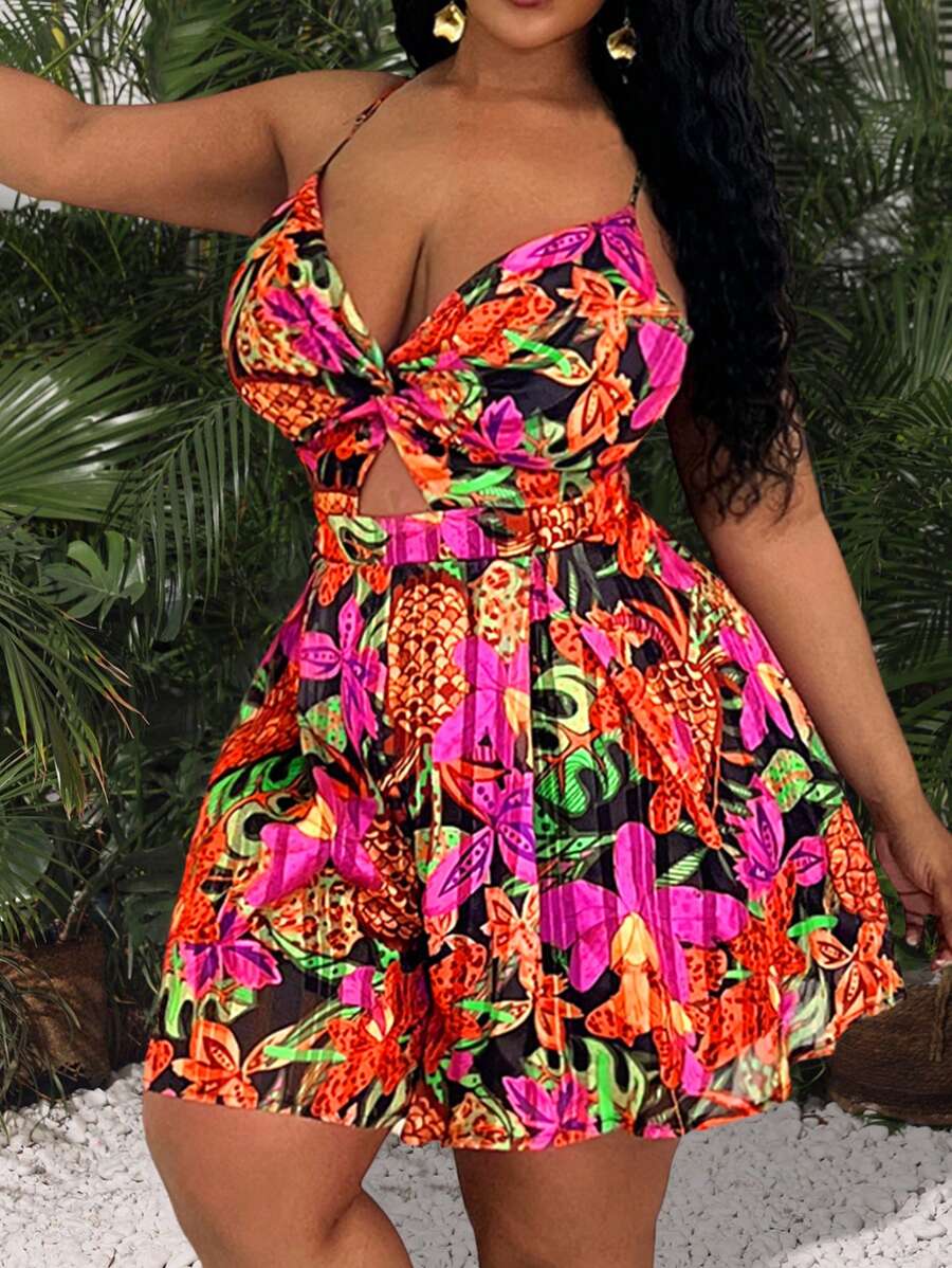 Slaydiva 2025新款情人节花卉印花雪纺扭纹吊带连体裤，优雅性感少女偶像，适合节日/新年/约会 - 玫紅色 - 查看 1