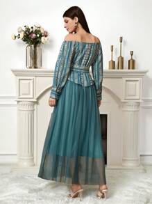 Al Najma Women's Floral Print Off Shoulder Long Sleeve Contrast Mesh Hem Arabic Style Dress - Teal Blue - View 2