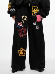 SUMWON WOMEN 大学徽章贴片慢跑运动裤学院运动贴花运动休闲运动裤复古字母风格校园休闲街头休闲舒适宽松秋冬 - 黑色 - 查看 1