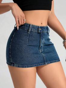 SHEIN PETITE 女士休闲百搭牛仔迷你裙 - 深色水洗藍 - 查看 4