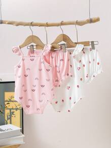 Bộ 4 món đồ đáng yêu cho bé gái mùa hè, áo liền quần không tay nhún bèo, áo liền quần in hình trái tim và cầu vồng, quần short nhún bèo, bộ đồ mặc ngoài trời hoàn hảo - Nhiều màu - Xem 4