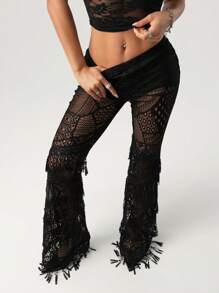 SHEIN ICON 波西米亚风度假女装春夏女士音乐会女装海滩女装超低腰纹理针织透明流苏装饰喇叭腿紧身加长裤 - 黑色 - 查看 4