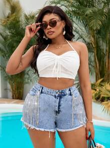 SHEIN SXY 大码女式蓝色牛仔短裤，配银色亮片和流苏细节，夏季、度假女士、复活节、春季、西部、女性办公室、狂欢、婴儿洗礼、乡村风格、乡村女性、老钱风格女性、外出、节日、牛仔竞技、机场 - 藍色 - 查看 5