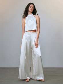 SHEIN LUNE Conjunto de 2 piezas: Top halter de cuello de satén y pantalones acampanados de cintura alta con drapeado