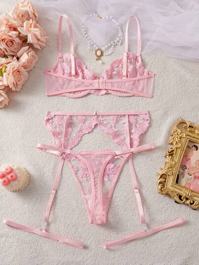 5pcs/Set Women's Sexy Lingerie With Floral Embroidery, Mesh And Bow Decor Bowknot For Going Out view 2