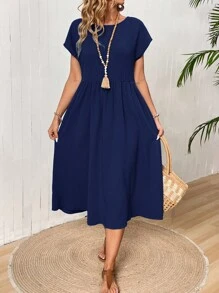 EMERY ROSE Đầm suông rộng rãi màu trơn đơn giản có túi xéo dành cho nữ - Màu xanh hải quân - Xem 4