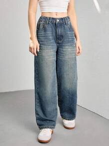 SHEIN Explorewe Streetcool Tween Girls Vintage Loose Wide Leg Jeans, Casual Straight Leg Denim Pants - Dark Wash - View 7