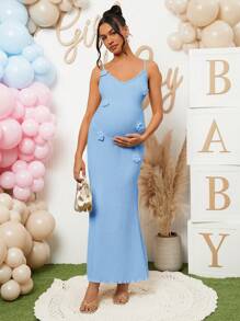 Loomaby Maternity Solid Color 3D Floral Decor Slim Fit Cami Dress - Blue - View 5