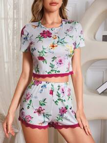 Women Floral Print Short Sleeve Pajama Top And Shorts Set - Multicolor - View 5
