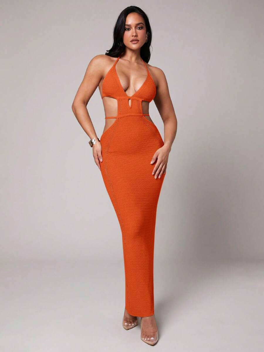 Silquee Vestido de mujer negro de longitud media para las temporadas de primavera y verano, sexy con escote en V profundo y abertura lateral, confeccionado en ganchillo con detalle hueco, ideal para cubrir la playa o la piscina