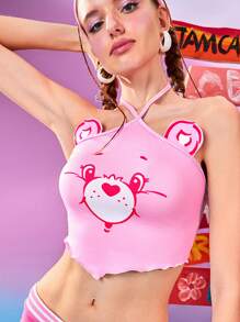 SHEIN X Care Bears Crop top rosa lindo con diseño de osos alegres y emojis, con parches de orejas 3D, de alta elasticidad, para conciertos, primavera y verano