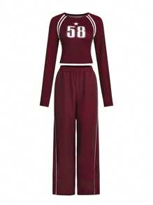 Women's Navy Blue Numeric Print Long Sleeve Crew Neck Top And Wide Leg Pants Loose Casual 2 Pieces Set - Burgundy - View 1