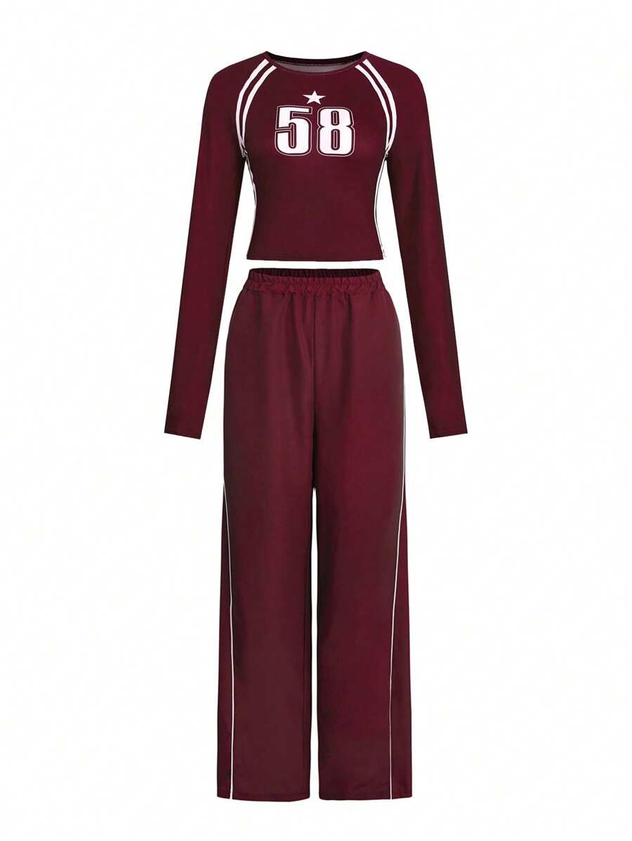 Women's Navy Blue Numeric Print Long Sleeve Crew Neck Top And Wide Leg Pants Loose Casual 2 Pieces Set - Burgundy - View 1