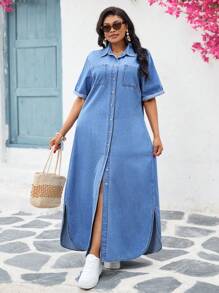 SHEIN CURVE+ 大码休闲前扣牛仔连衣裙 - 中等水洗藍 - 查看 7
