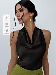 Firerie Blusa de mujer elegante y sencilla en color albaricoque con cuello drapeado y lazo - Negro - Ver 8