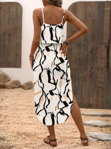 SHEIN LUNE Women's Summer Skin-Friendly Tie-Dye Waist-Drawstring High Slit Plus Size Dress