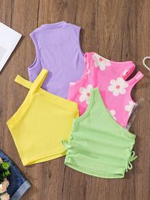 SHEIN 4pcs Young Girl Colorful Floral Soft Knit Macaron Color Casual Tank Top,Cute & Casual & Vintage Tank Top, For Spring, Casual & Daily Wear & School
