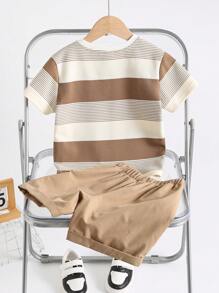 SHEIN 2pcs/Set Young Boy Kids Comfortable And Casual Daily Versatile Fashionable Cute Teddy Bear Embroidered Khaki Striped Round Neck Knitted Top T-Shirt And Shorts Set, Suitable For Daily Use, Sports, Outings, Campus, Gatherings, Festivals, Performances, Photography, Back To School Season - Khaki - View 2