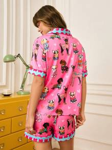 Chillnights 女式可爱卡通小狗图案翻领睡衣套装 - 彩色 - 查看 2