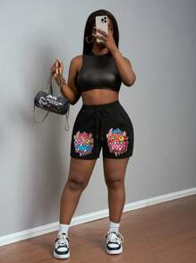 Slaydiva Einfache, lässige, Basic Sport-Shorts mit niedlichem Monster-Grafikdruck, elastischem Bund und Zugband für Frauen - A - Schwarz - Übersicht 3