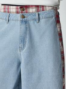 ROMWE MEN Street Life Men's Prep Patchwork Plaid Casual Loose Denim Shorts - Baby Blue - View 3