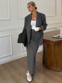 DAZY 女士西装外套和及膝裙套装，长袖，休闲百搭，适合所有季节商务休闲，女士两件套，秋装 - 灰色 - 查看 1