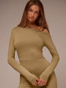 MUSERA Asymmetrical Shoulder Flared Jumpsuit Sexy Club Spring Summer Vacation Elegant - Camel - View 5