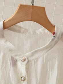 Calvaya Plus Size Women Elegant Improved Chinese Style Embroidered Button Down Long Sleeve Blouse, Chinese New Year Holiday Fall Cloth For Women