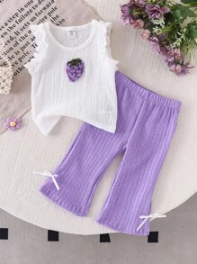 SHEIN Baby Girls Summer New Strawberry Print Sleeveless Top + Solid Color Flared Pants Set - Purple - View 1