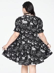 ROMWE Plus Size Gothic Cat Print Puff Sleeve V-Neck Cinched Waist Dress - Black - View 3