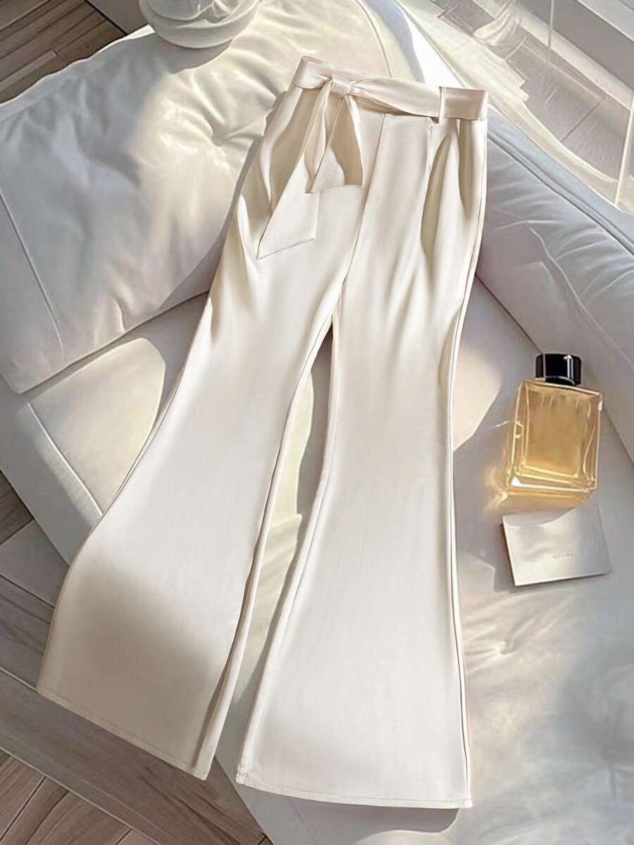 SHEIN Clasi Women's Elegant Apricot Satin Bow Pants Fall Cloth For Women - Apricot - View 1