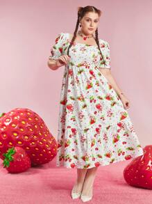 Strawberry Shortcake X SHEIN Plus Size Floral Dot Strawberry Print Ruffled Square Neck Short Sleeve Sundress, Cute Y2K Style For Summer, Spring, Vacation, Rave, Festival, Retro, Lolita - White - View 1