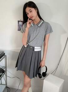 DAZY 2 件套女童撞色短袖上衣和百褶裙，女童夏季服装，返校服装 - 灰色 - 查看 5