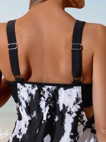 Swim Lushoire 2 件渐变黑白印花可调节肩带度假海滩短款上衣和分体泳衣套装，春夏季流行款 - 彩色 - 查看 5