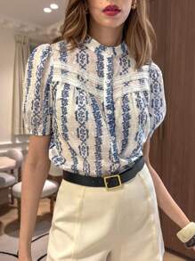 Pariaura Casual Shirt With Ruffle Collar, Printed, And Short Puff Sleeves