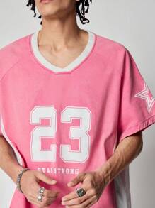ROMWE MEN Prep Men's V-Neck Raglan Sleeve Short Sleeve Number Print Denim Top, Football Style - Pink - View 5