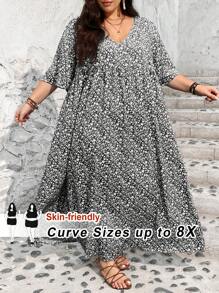 SHEIN CURVE+ Đầm Babydoll cổ chữ V tay ngắn họa tiết hoa rộng rãi cho nữ đi nghỉ mát cỡ lớn - màu đen - Xem 9
