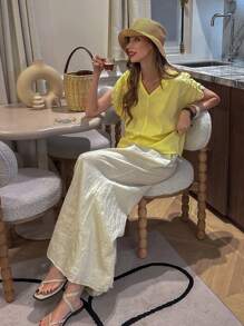 Chiquease Áo sơ mi nữ màu trơn thanh lịch đi nghỉ mát, thời trang tối giản, phù hợp cho mùa hè - Màu vàng - Xem 5