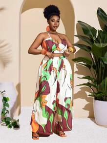 Slaydiva Plus Size Women's Sleeveless Tied Neck Hollow Out Wide Leg Jumpsuit With Print, Sexy & Bodycon, For Spring & Summer Vacation - Multicolor - View 4