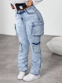 SHEIN EZwear Jeans cargo slim casual évasé bleu grande taille