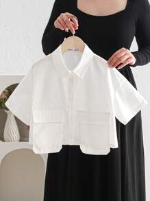 SHEIN Tween Girl Oversized Casual Minimalist Comfort Turndown Collar Pleated Short Sleeve Cropped Blouse, Tween Girl - White - View 3