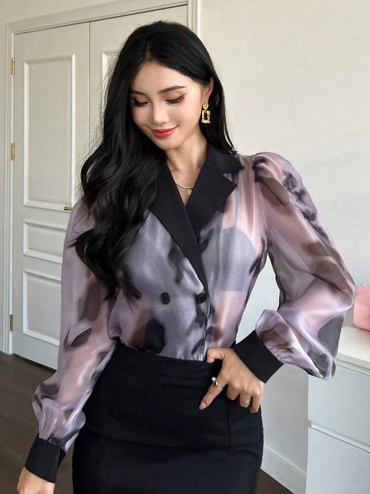 Women's Floral PU Patchwork Puff Sleeve Blouse,Fall Women Clothes Long Sleeve Top