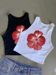 INAWLY Women's Fashion Cute Floral Print Cropped Tank Top, Suitable For Spring/Summer - Multicolor - View 1
