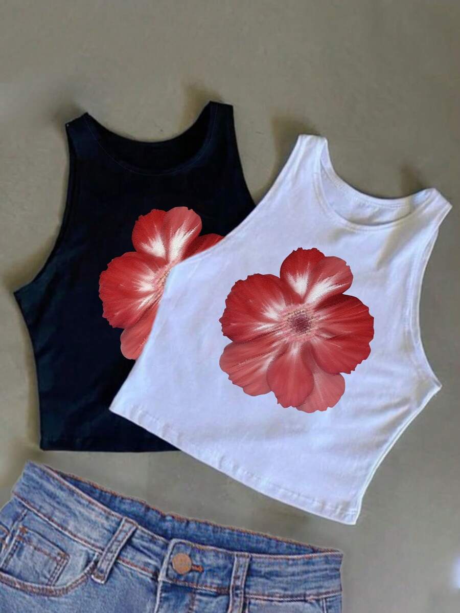 INAWLY Women's Fashion Cute Floral Print Cropped Tank Top, Suitable For Spring/Summer - Multicolor - View 1