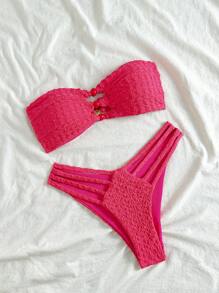 Soleia Solid Color Textured Hollow Out Bikini Set, Vacation & Beach