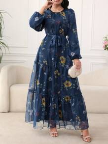 Modelyn 女式长款花卉印花雪纺收腰连衣裙，优雅春夏季 - 藏蓝色 - 查看 4